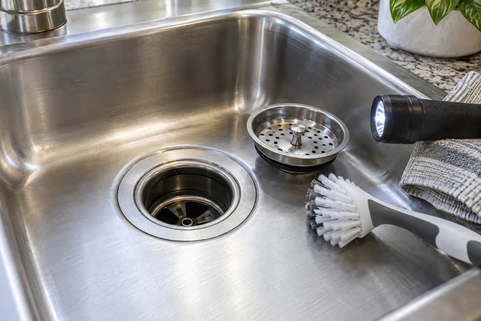Kitchen sink drain, strainer and brush prepared for inspection